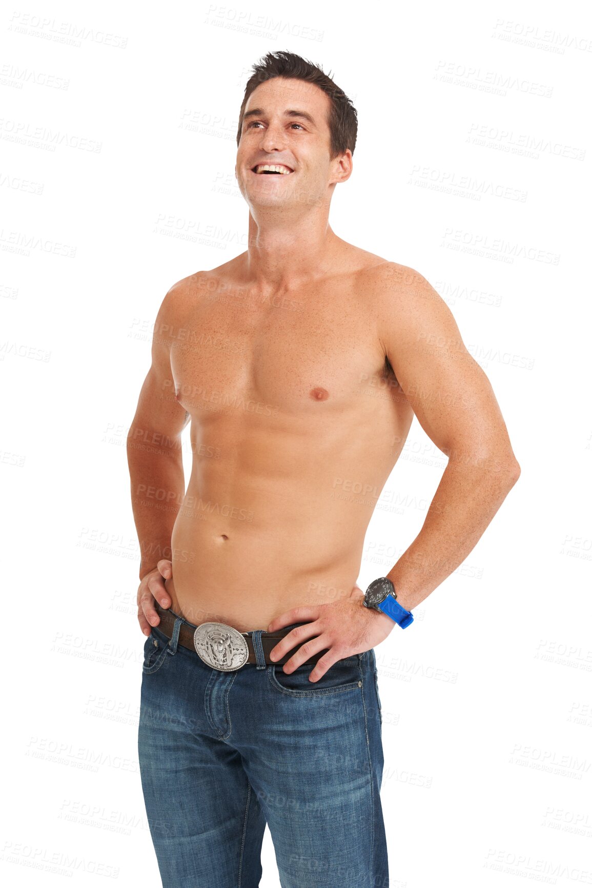 Buy stock photo Man, thinking and shirtless with jeans for fitness, wellness and health isolated on a transparent png background. Young male, bodybuilder and vision for muscle development, growth and fashion