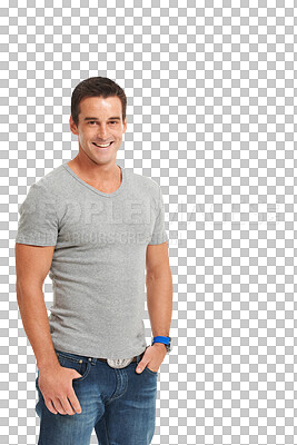 Buy stock photo Man, fashion and casual portrait with a smile, pride and fashion style. Confident, happy and male model person with strong muscle and hands in jeans pocket isolated on a transparent, png background