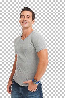 Buy stock photo Hands in pocket, happy and portrait of a man with a smile, pride and casual fashion. Confident male model person with cool style, jeans and positive mindset isolated on a transparent, png background