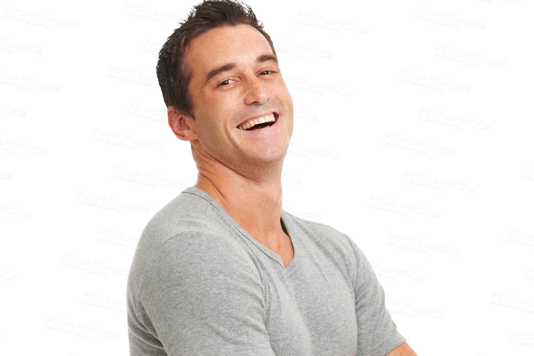 Buy stock photo Face, laughing and portrait of a man with happiness, pride and casual fashion. Confident male model person with positive mindset to laugh for funny joke isolated on a transparent, png background