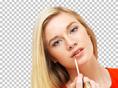 Buy stock photo Makeup, portrait and a woman applying lipstick for beauty, prom or confidence. Young, face and a girl with a lip product for a glamorous look with cosmetics isolated on a transparent png background