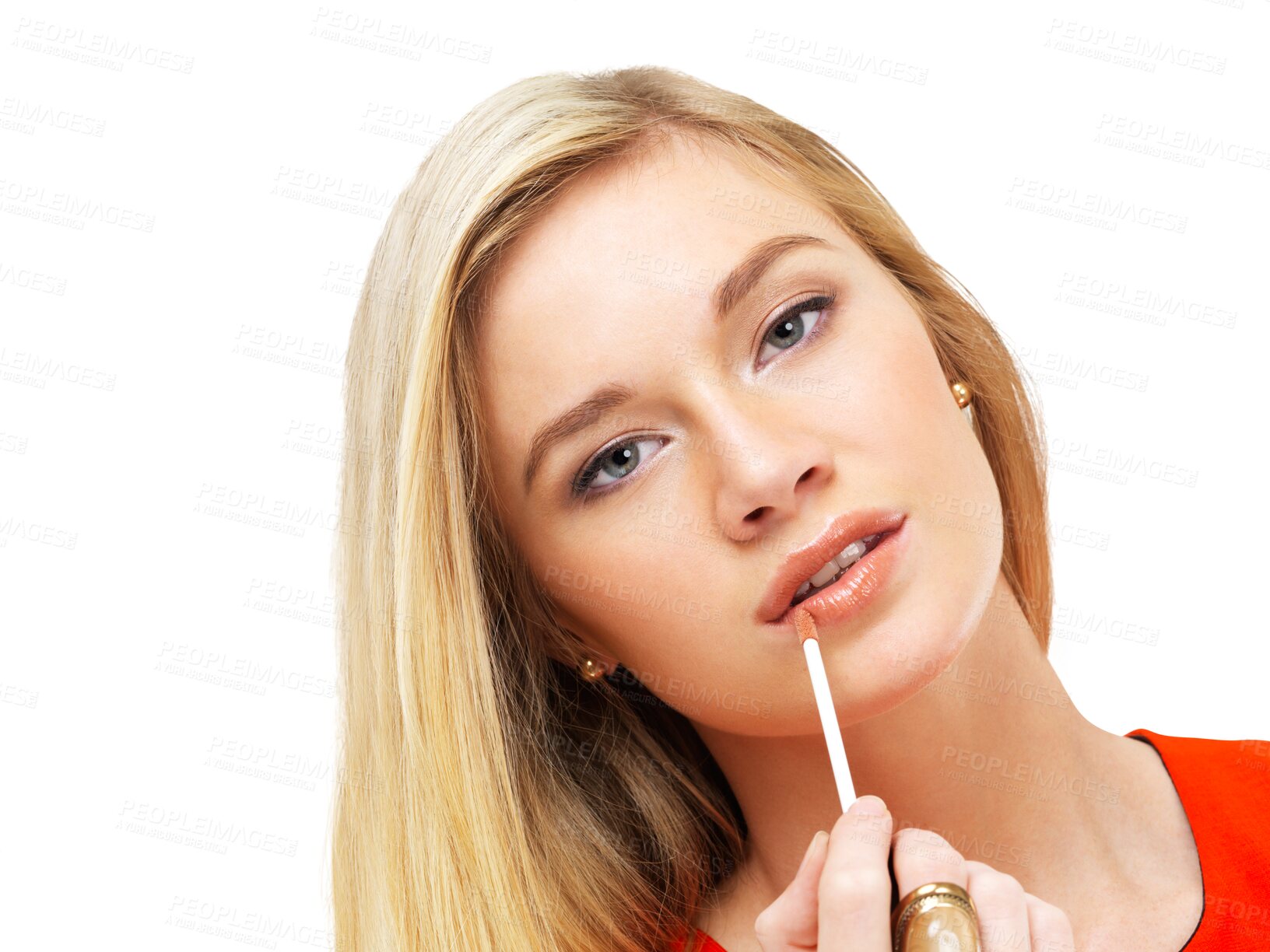 Buy stock photo Makeup, portrait and a woman applying lipstick for beauty, prom or confidence. Young, face and a girl with a lip product for a glamorous look with cosmetics isolated on a transparent png background