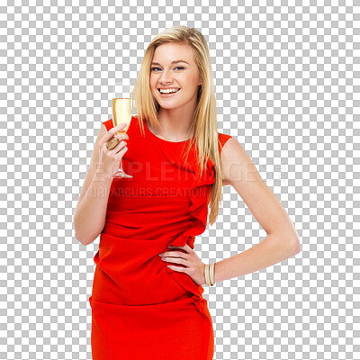 Buy stock photo Portrait, champagne and happy woman in dress isolated on a transparent png background. Fashion, style and blonde person with alcohol, sparkling wine glass or drink for celebration, party or event.