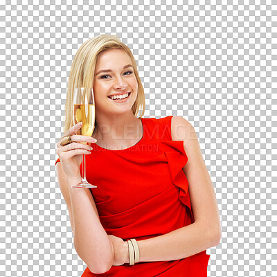 Buy stock photo Portrait, champagne and woman in red dress isolated on a transparent png background. Fashion, face and blonde person with alcohol, sparkling wine glass or drink for celebration, party and happiness.