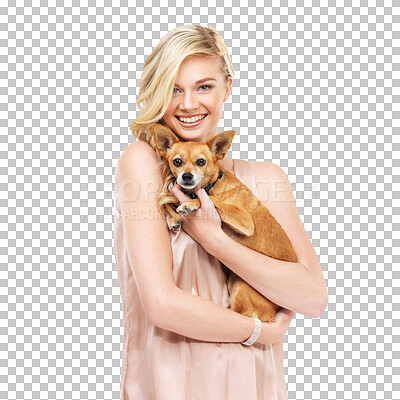 Buy stock photo Young woman in portrait, smile with dog and gen z, animal with love and friends isolated on transparent png background. Blonde female model, youth and happy posing with puppy, pet care and friendship