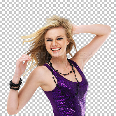 Buy stock photo Happy, laughing and portrait of a woman with fashion for a party, glam event or social. Smile, dance and a young girl with happiness to celebrate dancing isolated on a transparent png background