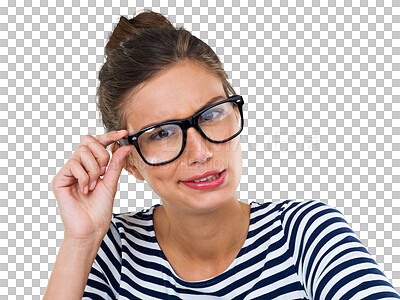 Buy stock photo Portrait, doubt and glasses with a woman nerd isolated on transparent background in prescription lenses. Face, fashion and confused with an attractive young female geek on PNG for vision or eyesight