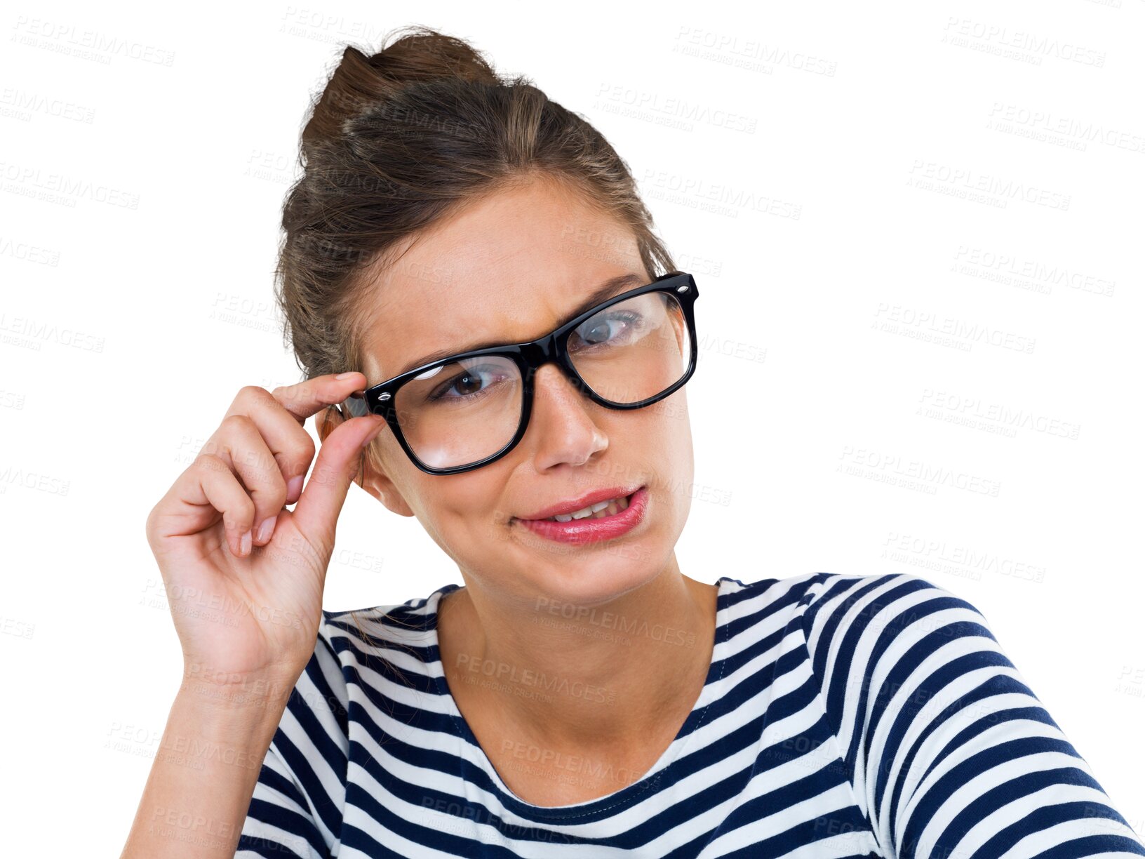 Buy stock photo Portrait, doubt and glasses with a woman nerd isolated on transparent background in prescription lenses. Face, fashion and confused with an attractive young female geek on PNG for vision or eyesight