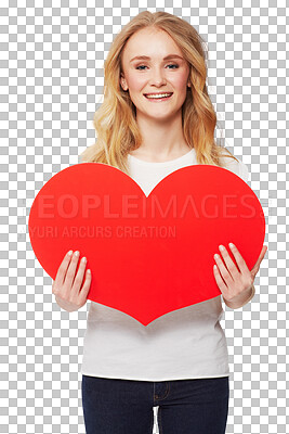 Buy stock photo Portrait, heart and love with a woman on valentines day isolated on a transparent background for romance. Social media, icon and emoji with an attractive young female person holding a shape on PNG