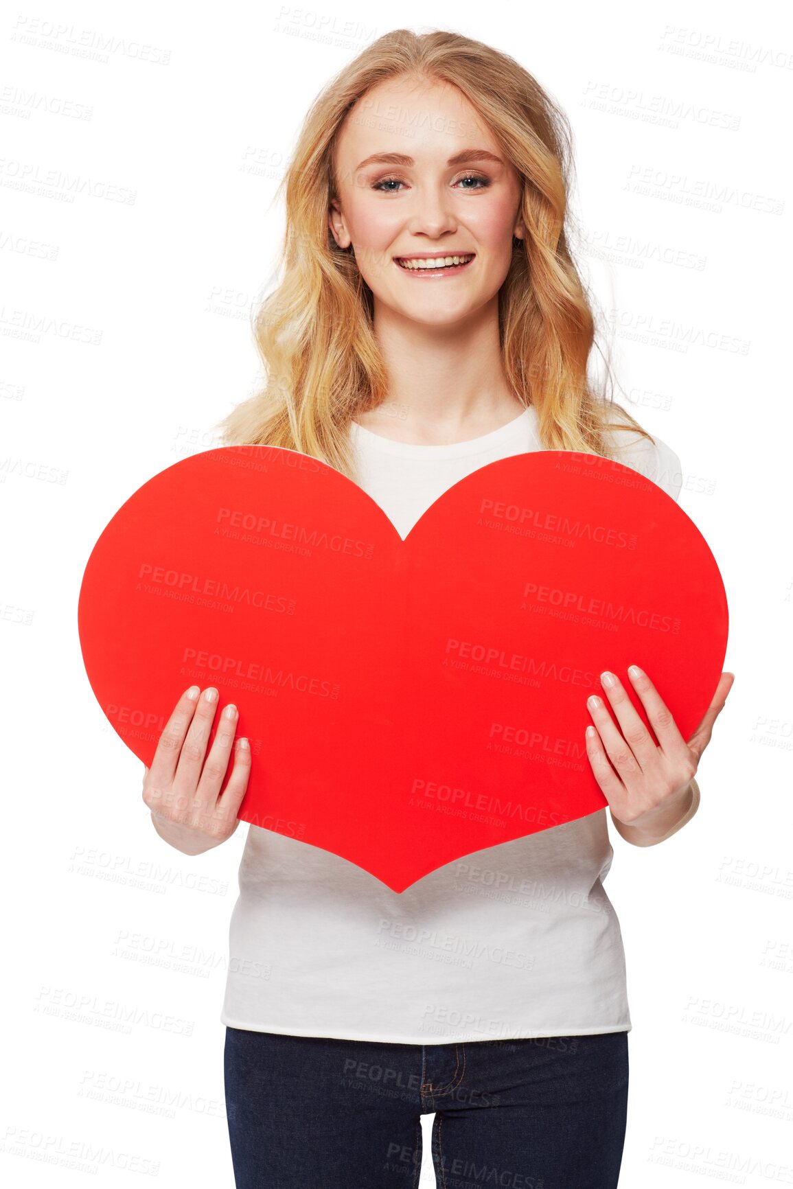 Buy stock photo Portrait, heart and love with a woman on valentines day isolated on a transparent background for romance. Social media, icon and emoji with an attractive young female person holding a shape on PNG