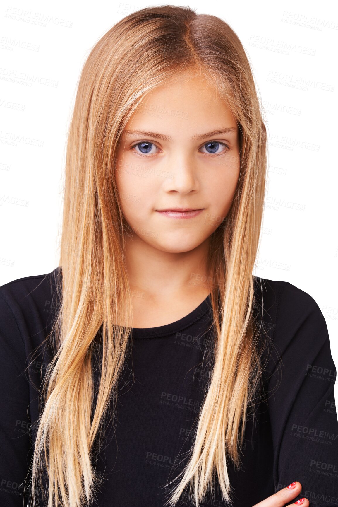 Buy stock photo Portrait, kid and girl crossing arms with fashion and youth in png or isolated and transparent background in europe. Female child, style and folded arm with serious face and focused or confident.