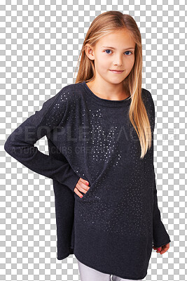 Buy stock photo Portrait, children and fashion with a stylish girl isolated on a transparent background for trendy kids style. Smile, clothes and casual with a cute little female child on PNG in a fashionable outfit