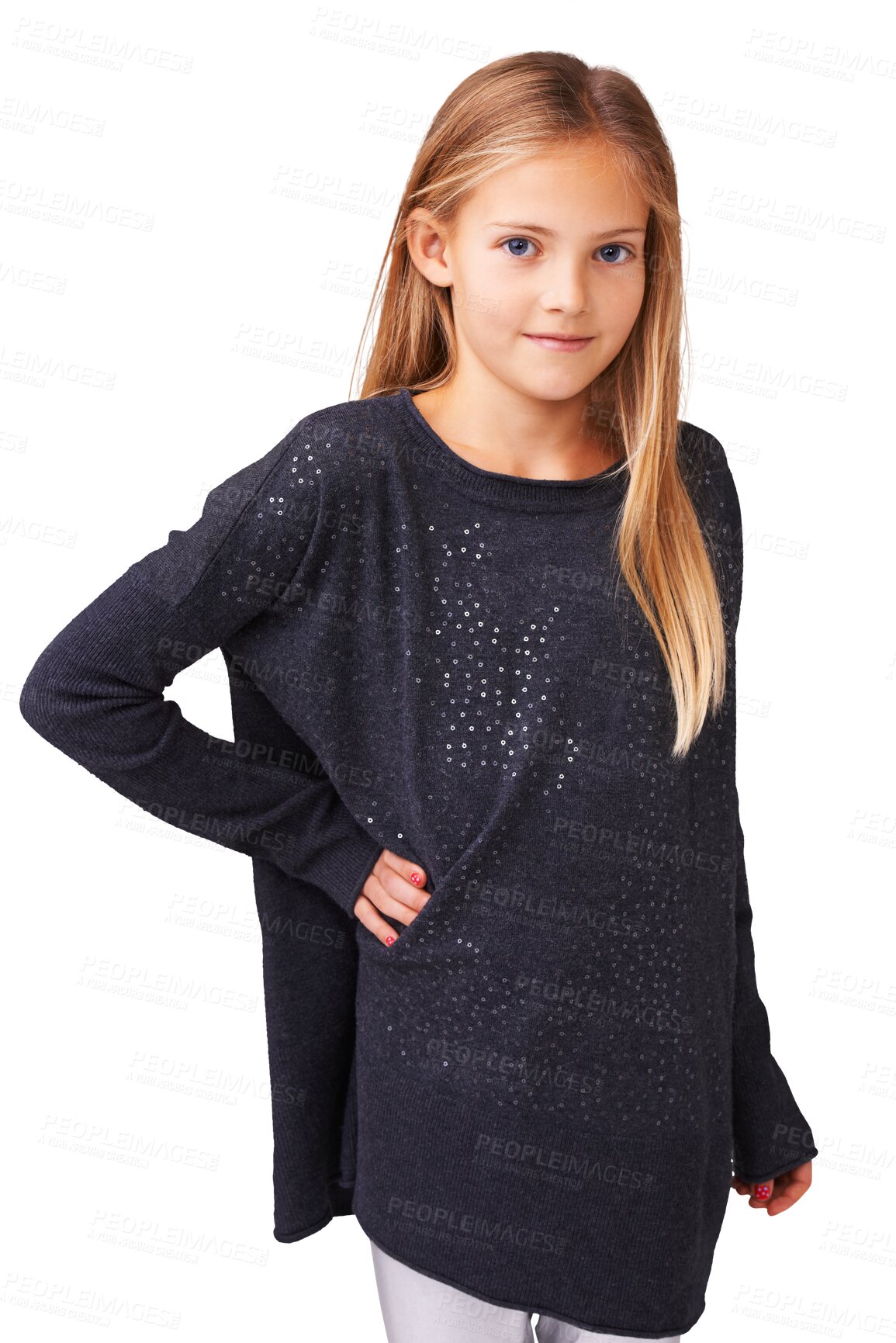 Buy stock photo Portrait, children and fashion with a stylish girl isolated on a transparent background for trendy kids style. Smile, clothes and casual with a cute little female child on PNG in a fashionable outfit