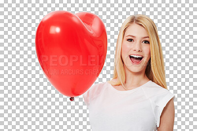 Buy stock photo Heart balloon, excited portrait and woman or girl in valentines day emoji, self love or winning. Gen z, red celebration and happy person with wow and party isolated on transparent, png background