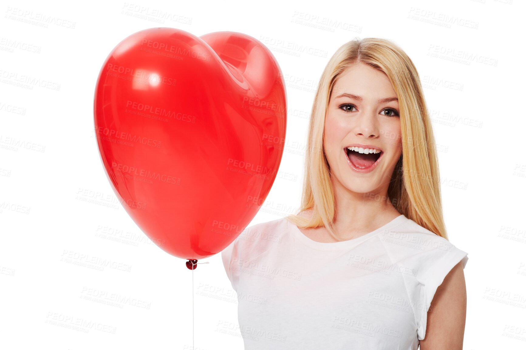 Buy stock photo Heart balloon, excited portrait and woman or girl in valentines day emoji, self love or winning. Gen z, red celebration and happy person with wow and party isolated on transparent, png background