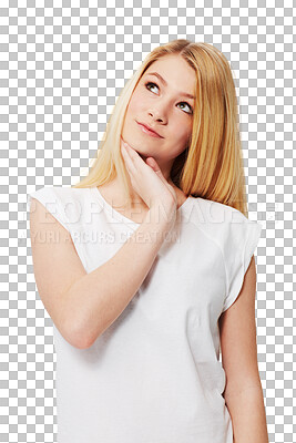 Buy stock photo Thinking, dreaming and young woman with idea, solution or planning facial expression. Memory, brainstorming and female model with a wonder or contemplating face isolated by transparent png background