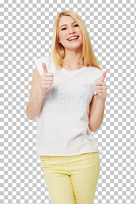 Buy stock photo Thank you, portrait of a woman with her thumbs up and isolated against a transparent png background. Success or winner, achievement or like and female person with hand emoji gesture for agreement