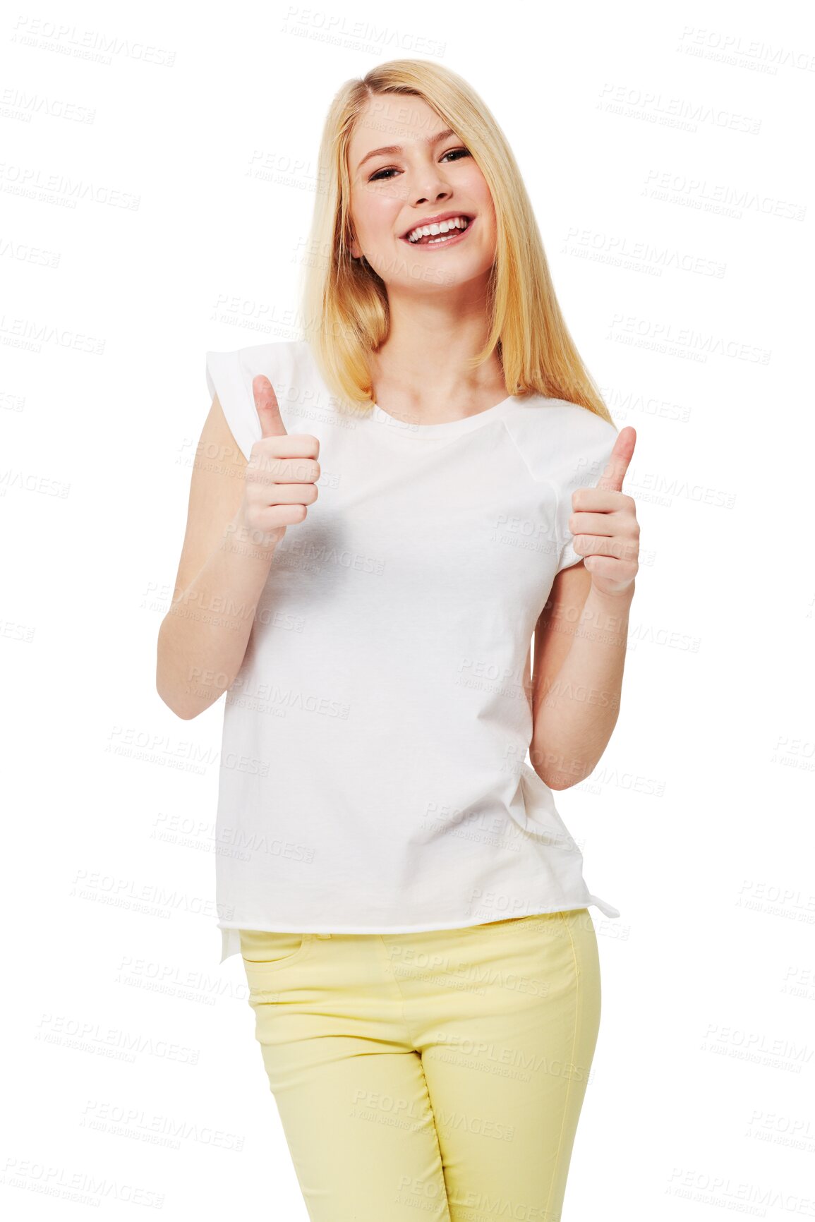 Buy stock photo Thank you, portrait of a woman with her thumbs up and isolated against a transparent png background. Success or winner, achievement or like and female person with hand emoji gesture for agreement