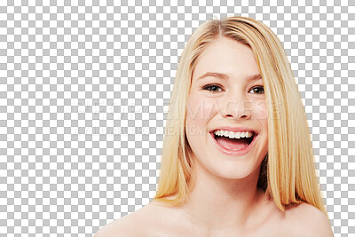 Buy stock photo Face, skincare and funny blonde woman isolated on a transparent png background. Portrait, natural beauty and female model laughing with cosmetics in spa facial treatment, aesthetic and skin wellness.