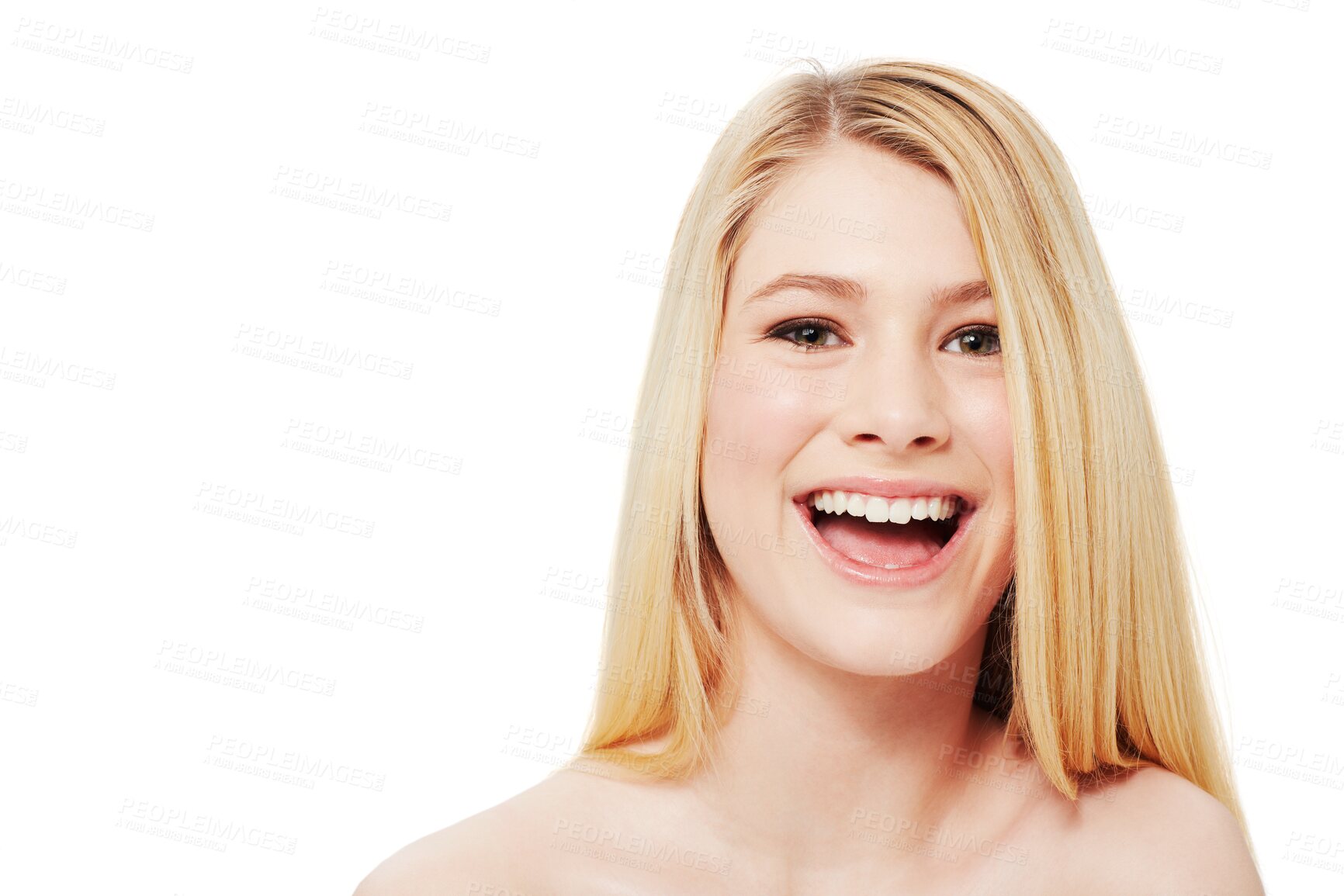 Buy stock photo Face, skincare and funny blonde woman isolated on a transparent png background. Portrait, natural beauty and female model laughing with cosmetics in spa facial treatment, aesthetic and skin wellness.