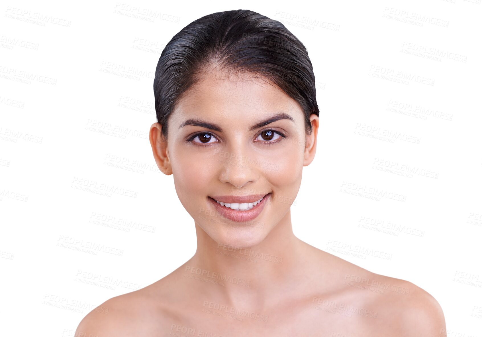 Buy stock photo Skincare, woman and happy on portrait and natural body in png or isolated with transparent background. Beauty, smile and dermatology with facial glow for wellness and healthy skin with cosmetics.