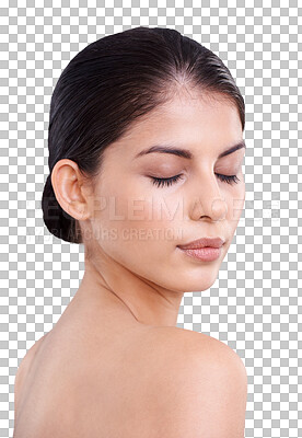 Buy stock photo Fresh, skincare and a woman with a facial glow from dermatology, makeup or cosmetics. Serious, young and an Indian girl or cosmetic model with face beauty isolated on a transparent png background