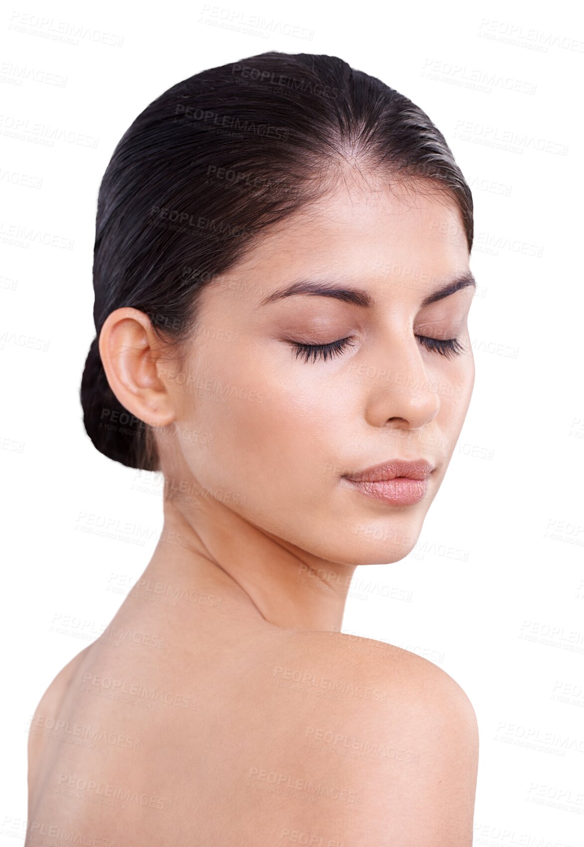 Buy stock photo Fresh, skincare and a woman with a facial glow from dermatology, makeup or cosmetics. Serious, young and an Indian girl or cosmetic model with face beauty isolated on a transparent png background