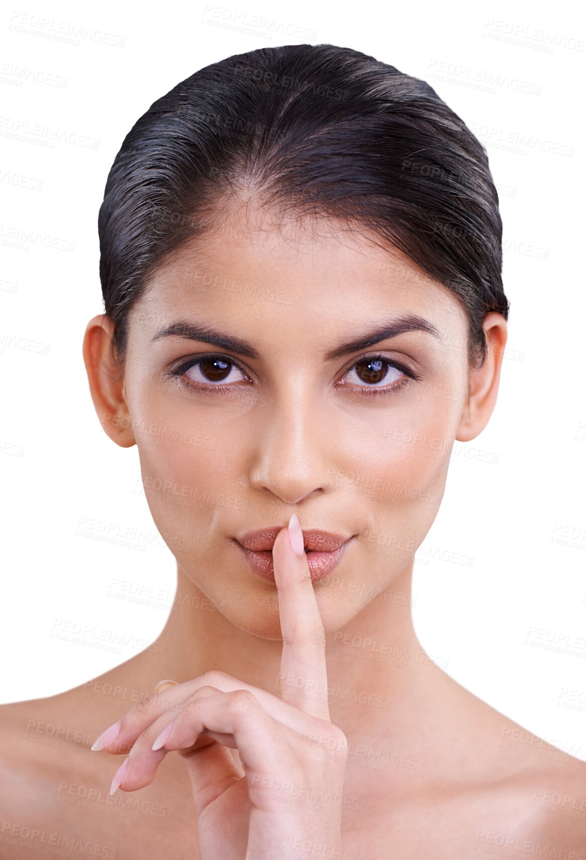 Buy stock photo Beauty, secret and woman with finger on lips or face with cosmetics, dermatology and natural makeup. Indian female model portrait isolated on a transparent, png background for skin care mystery
