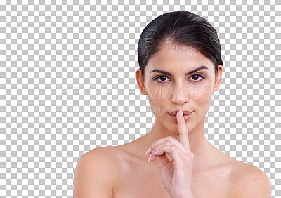 Buy stock photo Beauty, secret and portrait of woman with finger on her mouth isolated in a transparent or png background. Privacy, shush and quiet young female person with skincare, self care and dermatology