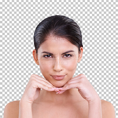 Buy stock photo Beauty, face on hands and portrait of a woman with skin care, dermatology and natural cosmetics. Indian female aesthetic model isolated on a transparent, png background for facial glow and shine