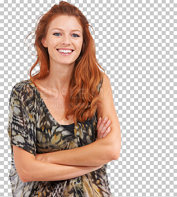 Buy stock photo Portrait, fashion and arms crossed with a ginger woman isolated on a transparent background for style. Smile, clothes and confidence with a trendy young female person standing in clothing on PNG