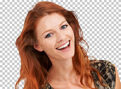 Buy stock photo Portrait, laughing and red head woman with beauty, natural makeup and cosmetics. Face of happy female model person from Ireland with skin glow and hair shine isolated on transparent, png background