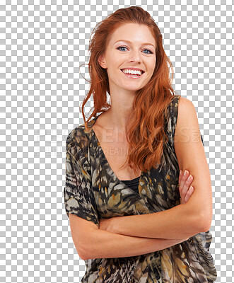 Buy stock photo Fashion, portrait and arms crossed with woman on transparent background for trendy, glamour and ginger. Fancy, elegant and red hair with female person isolated on png for confidence, pride and style