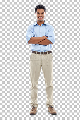 Buy stock photo Portrait, accountant and happy man with arms crossed isolated on a transparent png background. Confidence, professional auditor and entrepreneur from Brazil with pride for corporate business career.