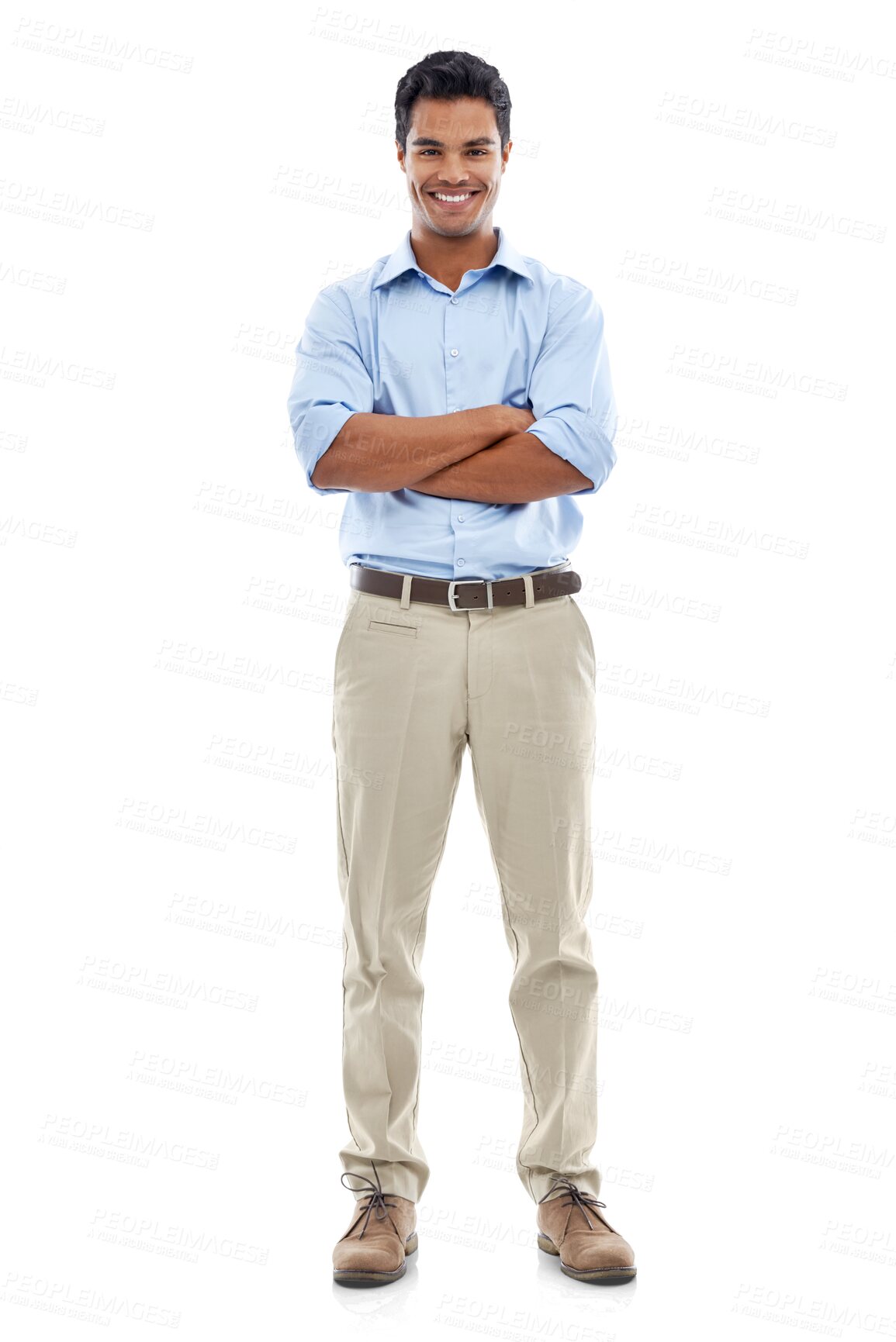 Buy stock photo Portrait, accountant and happy man with arms crossed isolated on a transparent png background. Confidence, professional auditor and entrepreneur from Brazil with pride for corporate business career.