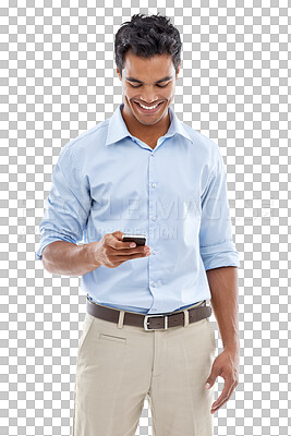 Buy stock photo Phone, social media and communication with a business man isolated on a transparent background for networking. Smile, mobile and contact with a happy young male employee typing a text message on PNG