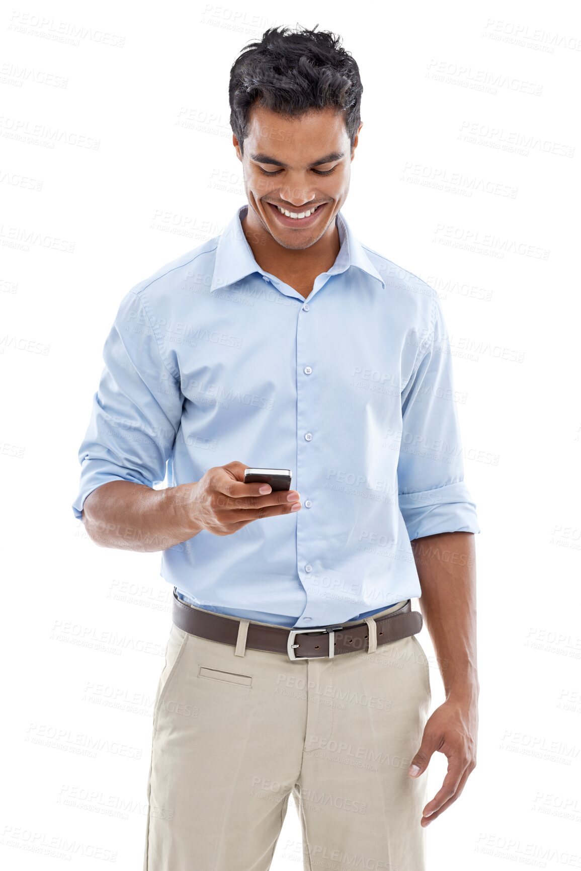 Buy stock photo Phone, social media and communication with a business man isolated on a transparent background for networking. Smile, mobile and contact with a happy young male employee typing a text message on PNG