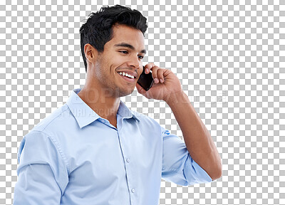 Buy stock photo Phone call, talking and business man with happy communication, networking and job news or opportunity. Smile, listening and professional indian person on mobile isolated on transparent png background