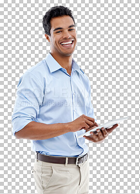 Buy stock photo Tablet, portrait and happy professional man isolated on transparent png background for paperless finance software. Financial accountant, business model or indian person laughing on digital technology