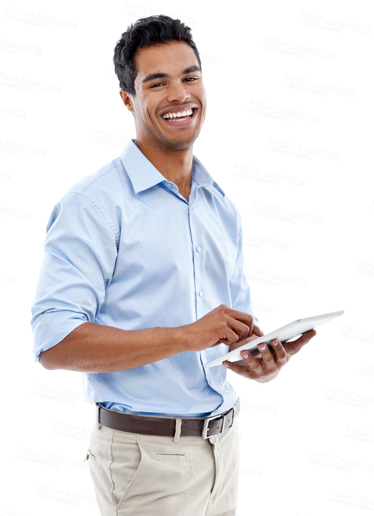 Buy stock photo Tablet, portrait and happy professional man isolated on transparent png background for paperless finance software. Financial accountant, business model or indian person laughing on digital technology