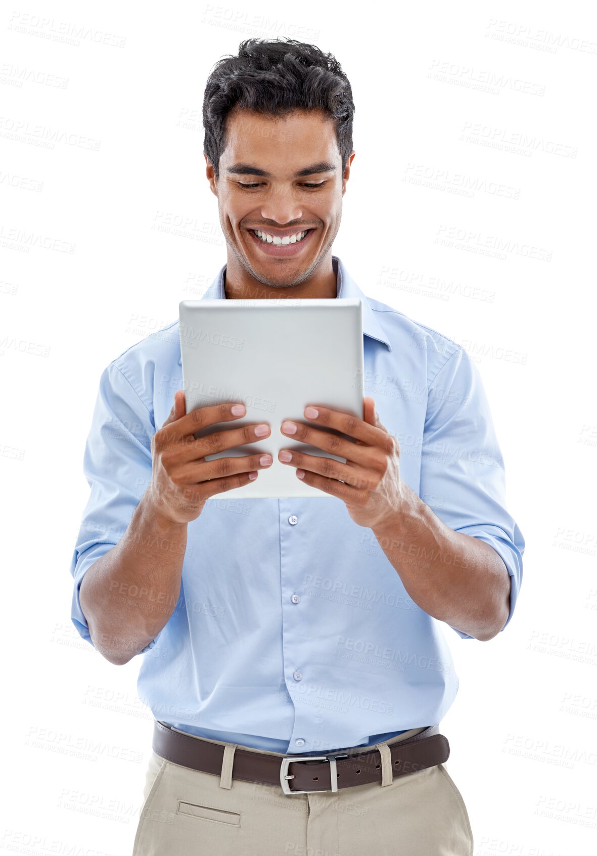 Buy stock photo Tablet, reading and happy business man isolated on transparent png background for news, search or review. Professional model or indian person check website information on digital tech or application