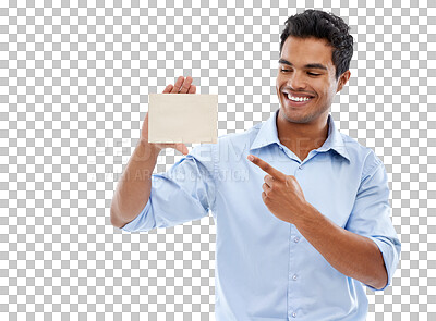 Buy stock photo Happy businessman, poster and pointing for advertising standing isolated on a transparent PNG background. Man or employee showing billboard, sign or card for advertisement, branding or marketing