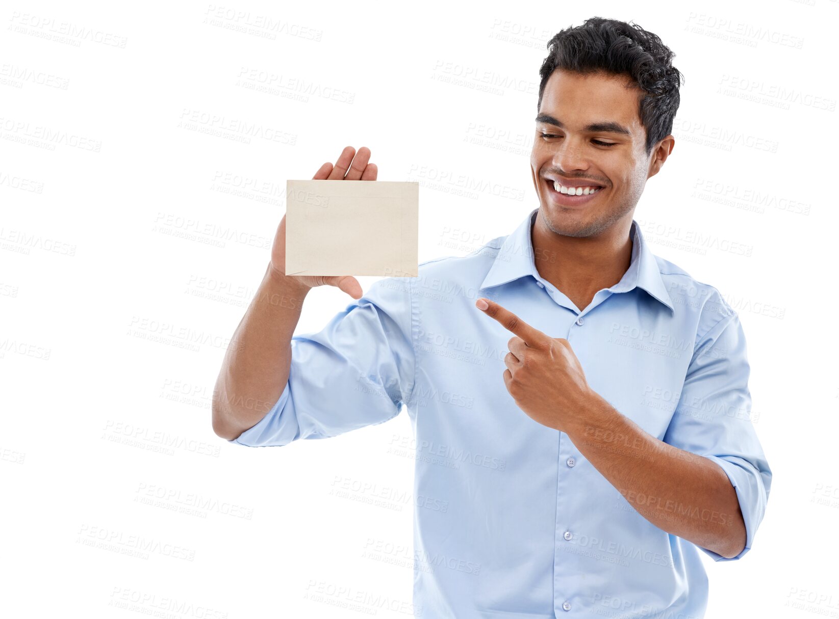 Buy stock photo Happy businessman, poster and pointing for advertising standing isolated on a transparent PNG background. Man or employee showing billboard, sign or card for advertisement, branding or marketing