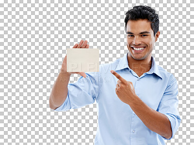 Buy stock photo Business man, pointing to card and poster mockup in portrait with advertising isolated on transparent png background. Signage, company logo and branding with male professional, marketing and info