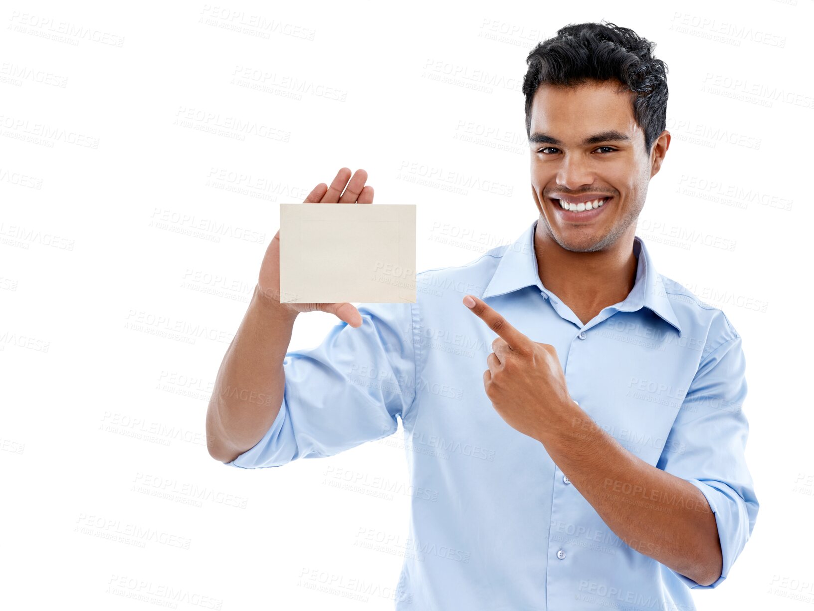 Buy stock photo Business man, pointing to card and poster mockup in portrait with advertising isolated on transparent png background. Signage, company logo and branding with male professional, marketing and info