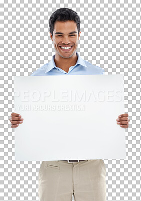 Buy stock photo Business, portrait and man with a poster, mockup and entrepreneur isolated against a transparent background. Male person, employee and advertising consultant with a blank card, png and announcement