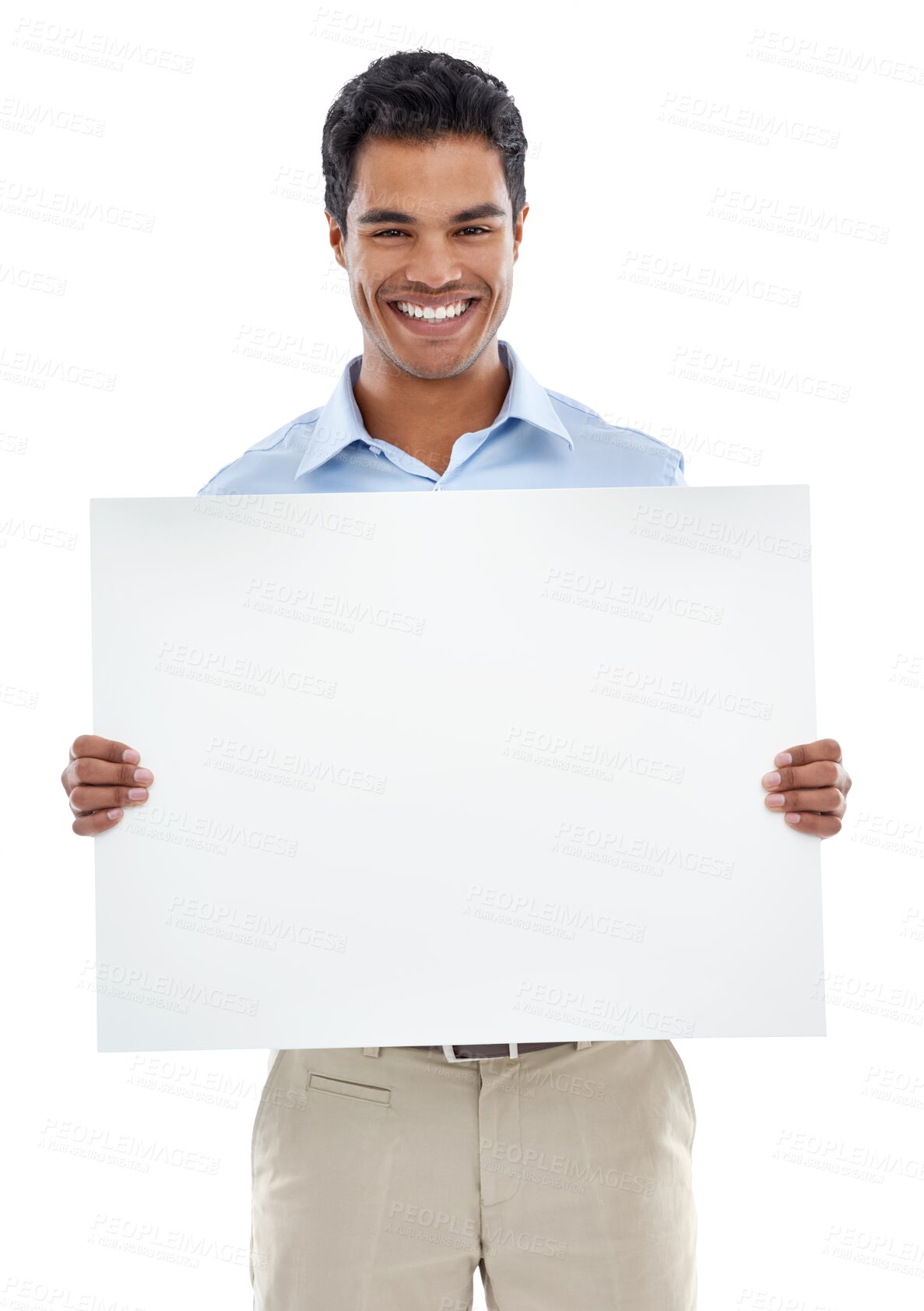 Buy stock photo Business, portrait and man with a poster, mockup and entrepreneur isolated against a transparent background. Male person, employee and advertising consultant with a blank card, png and announcement