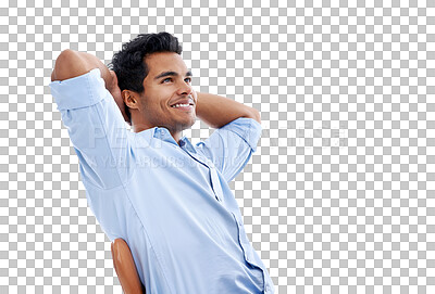 Buy stock photo Relax, success and businessman with finished work or project with his hands behind his head. Happy, confidence and professional male person stretching his arms isolated by transparent png background.