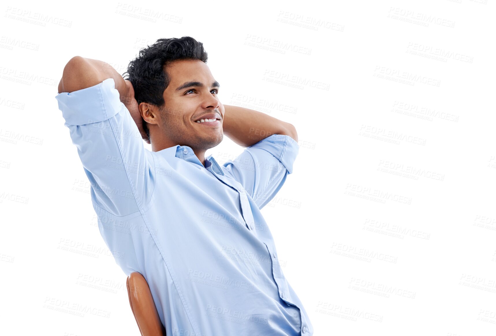 Buy stock photo Relax, success and businessman with finished work or project with his hands behind his head. Happy, confidence and professional male person stretching his arms isolated by transparent png background.