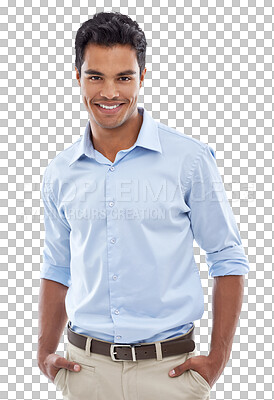 Buy stock photo Portrait, business man and hands in pocket isolated on a transparent png background. Confidence, professional and happy entrepreneur, accountant or auditor from Brazil with pride for corporate career